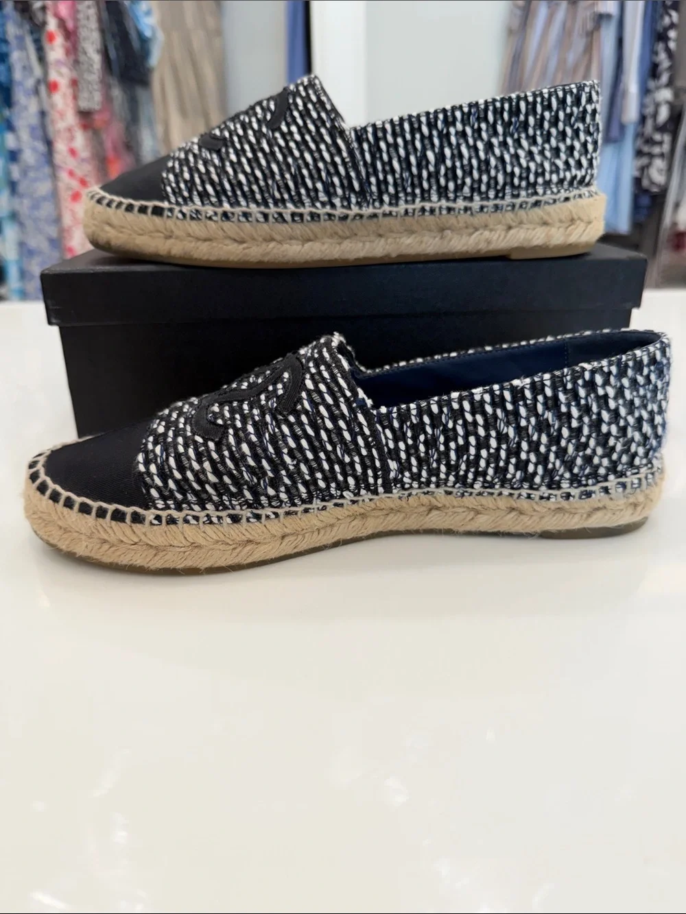 CHANEL Black & White Tweed Espadrille Slip-Ons